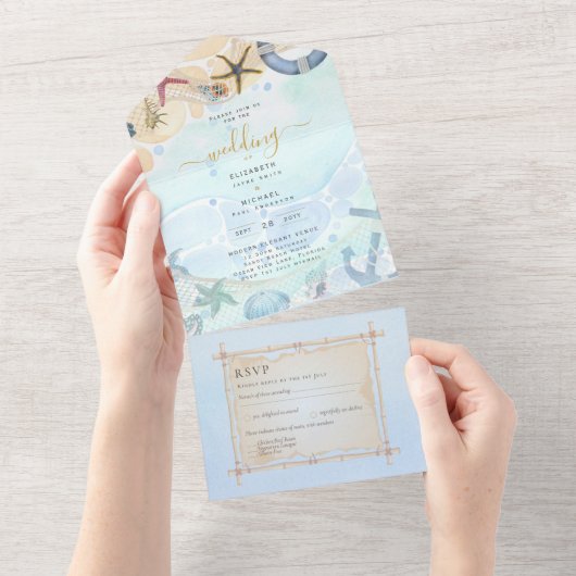 Strandküste Rustic Boho Wedding RSVP MENU All in All In One Einladung (Abreißen)