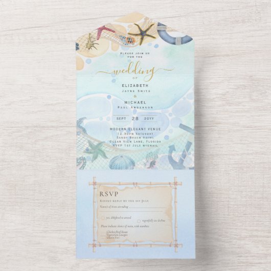 Strandküste Rustic Boho Wedding RSVP MENU All in All In One Einladung (Innen Boden)