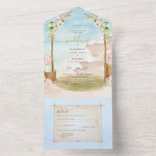 Strandküste Rustic Boho Wedding RSVP MENU All In One Einladung (Innen Boden)
