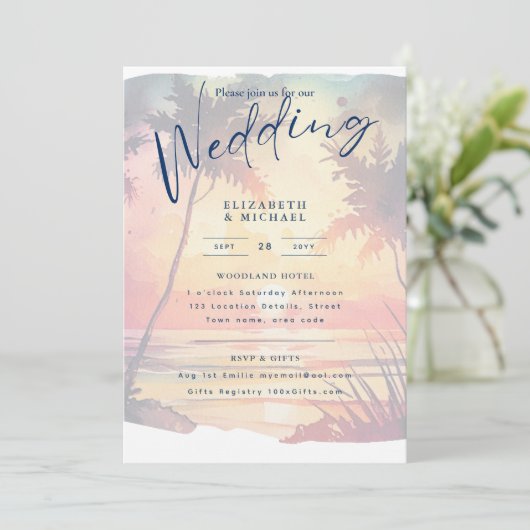 Strandküste Zielort Sonnenuntergang Tropische Hoch Einladung (Stehend Vorderseite)