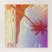 Strandlandschaft, Kokospalmen, Holzbett. Puzzle (Horizontal)