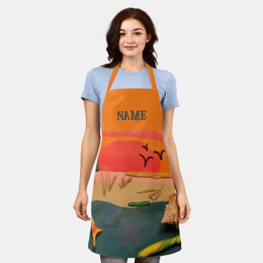 Strandlandschaft mit Muschel und farbenfroher Tonk Schürze (Getragen)