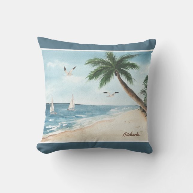 Strandlandschaft mit Sailboats Wasserfarbe Blau Kissen (Vorderseite)