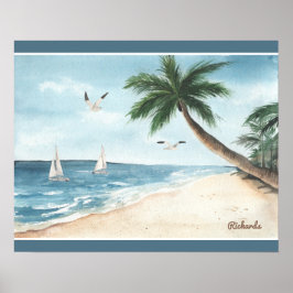 Strandlandschaft mit Sailboats Wasserfarbe Blau Poster