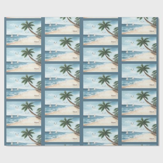 Strandlandschaft mit Sailboats Wasserfarben Muster Geschenkpapier (Flach)