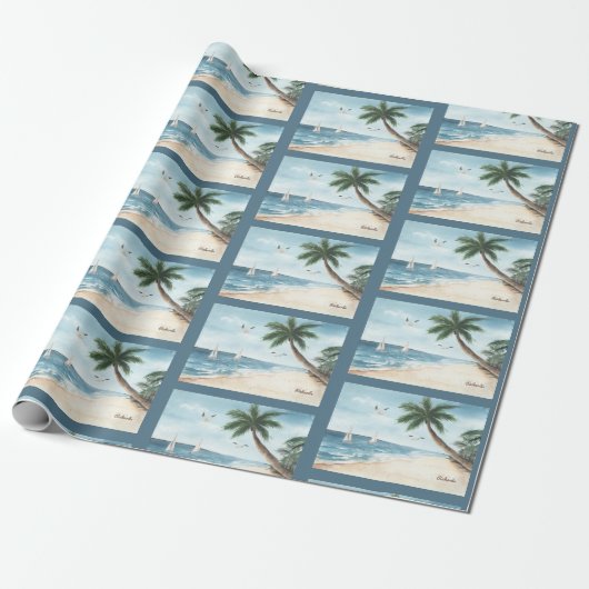 Strandlandschaft mit Sailboats Wasserfarben Muster Geschenkpapier (Ungerollt)
