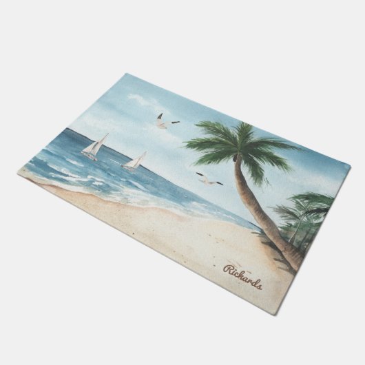 Strandlandschaft mit Sailboote Wasserfarbe Fußmatte (Schrägansicht)