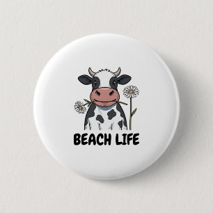 Strandleben Kuh Vintage-Stich T-Shirt Design_1 Button
