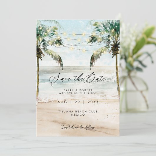 Strandlichter der tropischen Palmen Save the Date  Dankeskarte (Stehend Vorderseite)