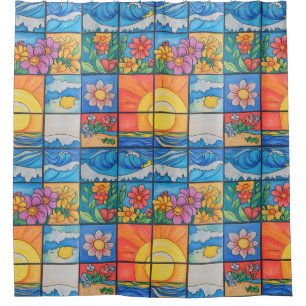 Strandmosaik Sonne und Blumen Duschvorhang