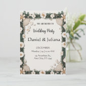 Strandmuschel- und Blumenrahmen-Hochzeits-Einladun Einladung (Stehend Vorderseite)