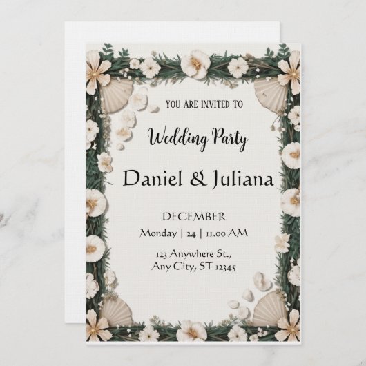 Strandmuschel- und Blumenrahmen-Hochzeits-Einladun Einladung (Vorne/Hinten)