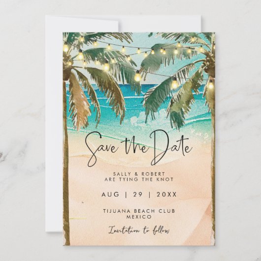 Strandpalmenleuchten Save the Date Karte (Vorderseite)