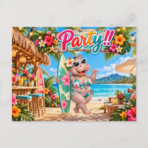 Strandparty mit Nilpferd Einladungspostkarte