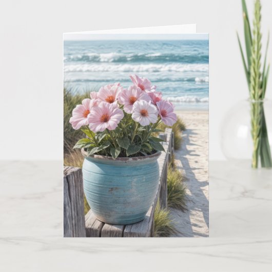 Strandpfanne mit rosa Petunias Karte (Vorderseite)