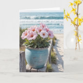 Strandpfanne mit rosa Petunias Karte (Gelbe Blume)