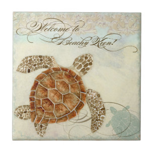 Strandsand Meeresufer Collage Schildkröte Seepferd Fliese