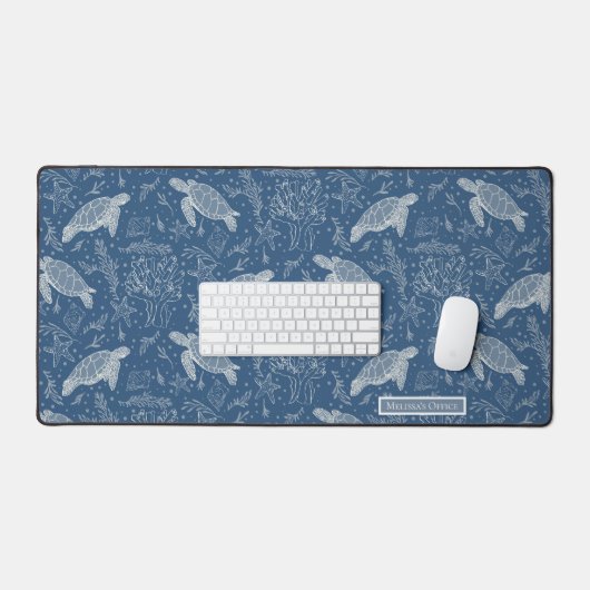 Strandschildkröten Küstenkorallen Linie Art Navy B Schreibtischunterlage (Tastatur & Maus)