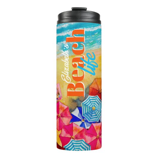 Strandschirme auf dem Sand Thermosbecher (Vorderseite)