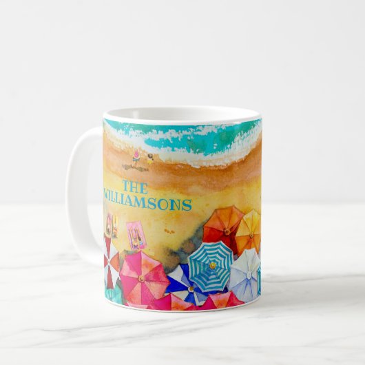 Strandschirme im Sand Kaffeetasse (Vorderseite Links)