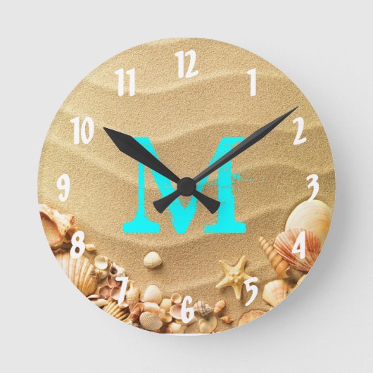 Strandseashells-Hawaii-Monogramm-Initialen-Wanduhr Runde Wanduhr (Vorderseite)