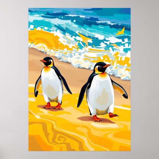 Strandspaziergänger Pinguine - Lebhafte Kunst im O Poster (Vorne)