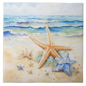 Strandstrand Starfish Wasserfarbe Fliese (Vorderseite)