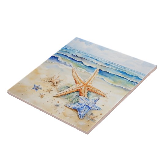 Strandstrand Starfish Wasserfarbe Fliese (Seite)