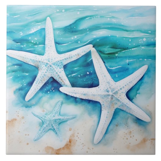 Strandstrand Starfish Wasserfarbe Fliese (Vorderseite)