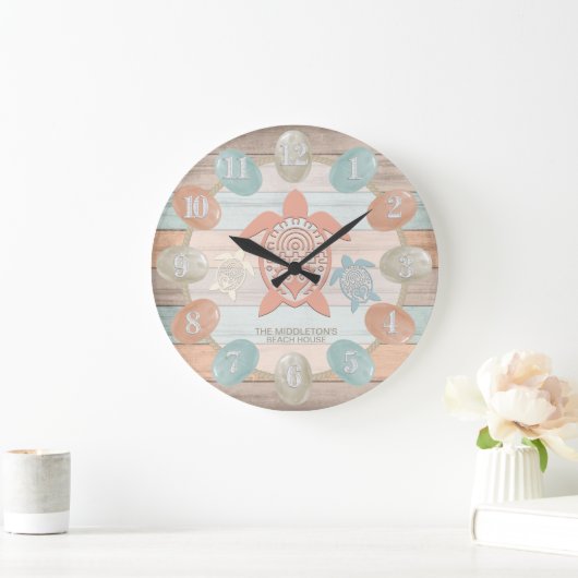 Strandstreifen, Meerglas, Schildkröten Große Wanduhr (Zuhause)