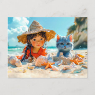 Strandtag mit Muscheln und einer Katze Feiertagspostkarte