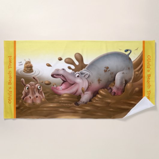 Strandtuch Muddy Hippos. Gelbe Kante (Vorderseite)