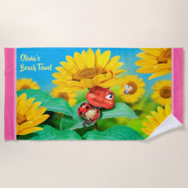 Strandtuchschläferin Ladybug Sonnenblumen. Rosa Ka Strandtuch