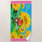 Strandtuchschläferin Ladybug Sonnenblumen. Rosa Ka Strandtuch (Vorderseite)