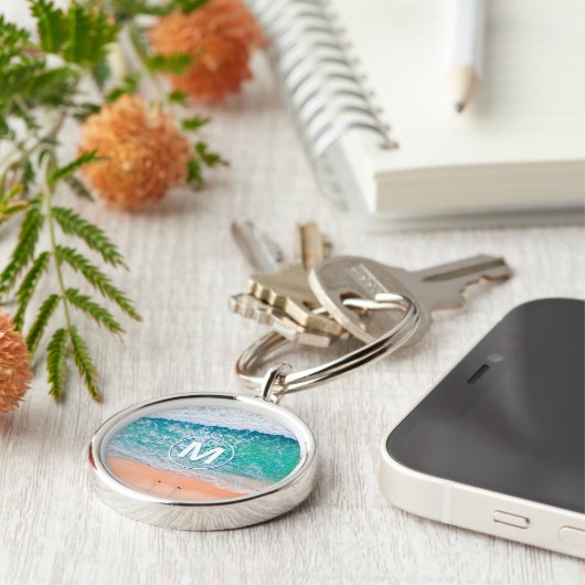 Strandwaagen, weißes Monogramm im Kreis Schlüsselanhänger (Seite)