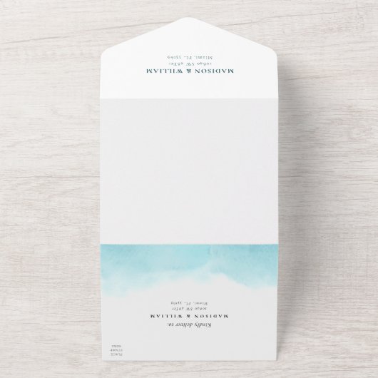 Strandwasserfarbe in einer Hochzeitsreise All In One Einladung (Außenbereich)