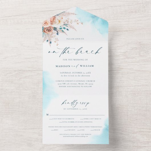 Strandwasserfarbe in einer Hochzeitsreise All In One Einladung (Innen Boden)