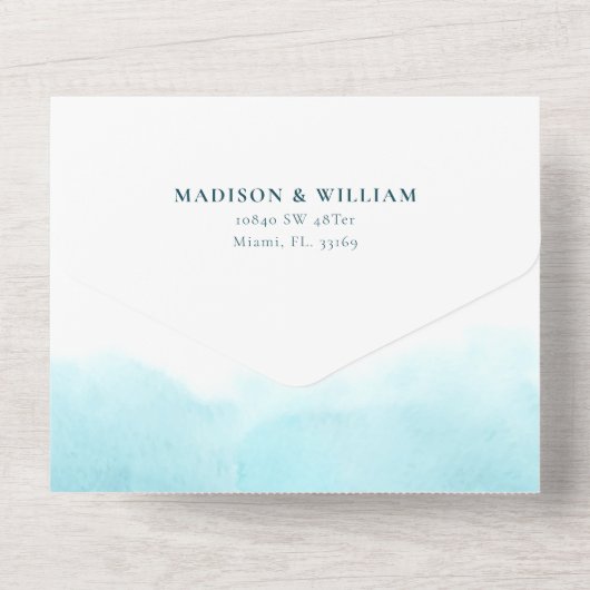 Strandwasserfarbe in einer Hochzeitsreise All In One Einladung (Rückseite)