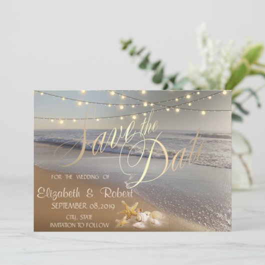 StrandWedding Seashell String Lichter SaveThe Date Save The Date (Stehend Vorderseite)