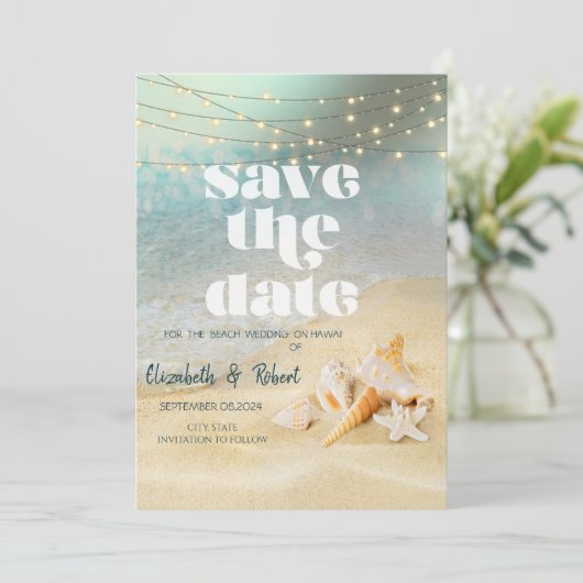 StrandWedding Seashells String Lights SaveThe Date Save The Date (Stehend Vorderseite)