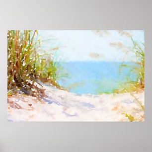 Strandweg Ozean Gras Wasserfarbe Poster
