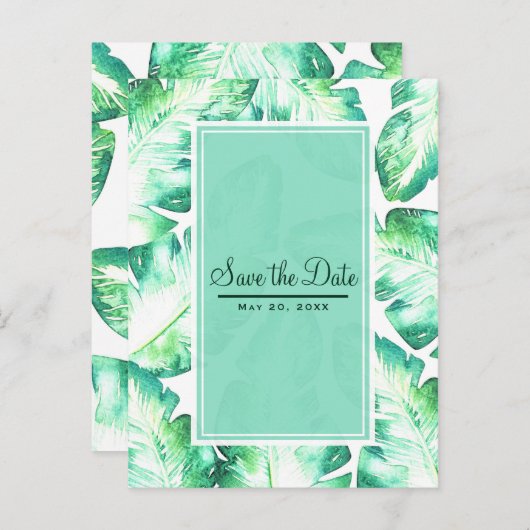 Strandweiß und grüne tropische Blätter Save the Da Ankündigungspostkarte (Vorne/Hinten)