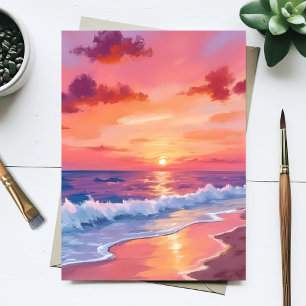 Strandwellen bei Sonnenuntergang in Rosa - Meeresl Postkarte