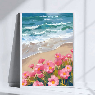 Strandwellen Wasserfarbe Rosa Floral Ufer Malerei Poster