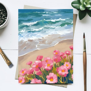 Strandwellen Wasserfarbe Rosa Floral Ufer Malerei Postkarte