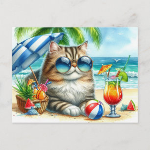 Strandzeit Katze und Cocktails Postkarte