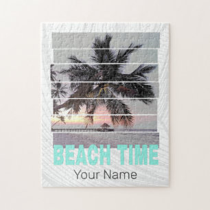 Strandzeit Vintage Pier Palmenbaum Sonnenuntergang Puzzle