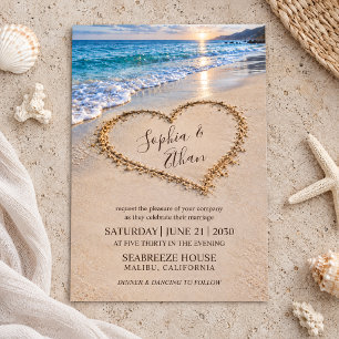 Strandziel Herz im Sand Sonnenuntergang Hochzeit Einladung