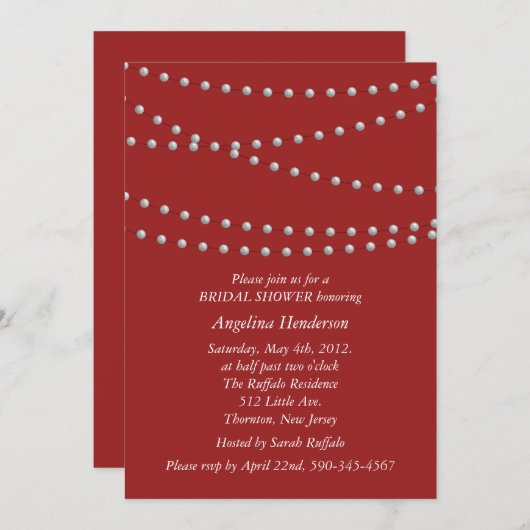Stränge der Perlen auf rotem Brautparty Einladung (Vorne/Hinten)