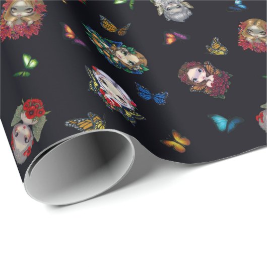 Strangeling Fairies & Butterflies (schwarz) Geschenkpapier (Rolleneckpunkt)